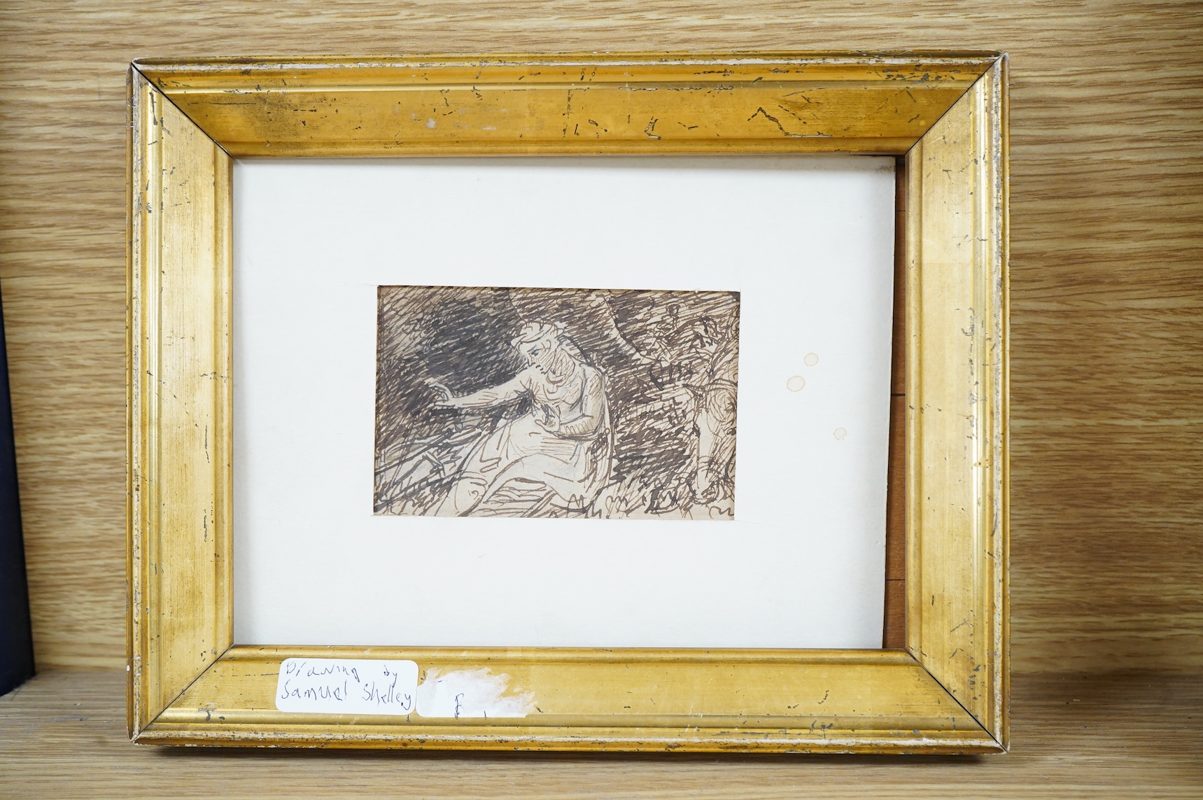 Attributed to Samuel Shelley (1750-1808), Classical study of a woman, miniature pen and ink on paper, 6 x 9cm
